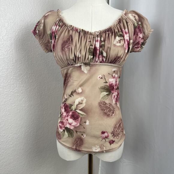 VTG Peace On Earth Top Womens Medium Sheer Floral Milkmaid Fairy Y2K Soft Girl - Picture 1 of 11